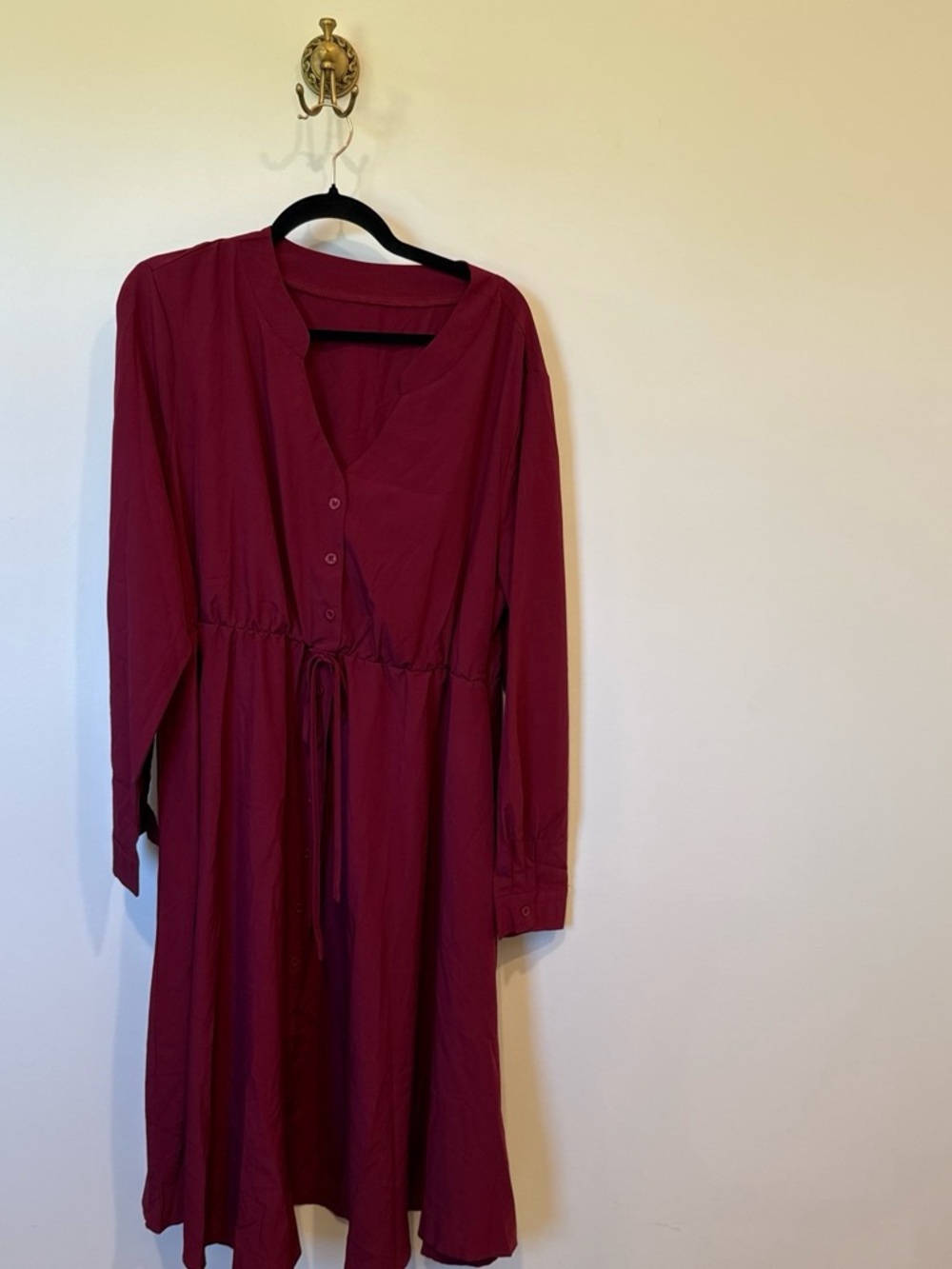 Women's Long Sleeve V-Neck Drawstring Waist Dress - Burgundy